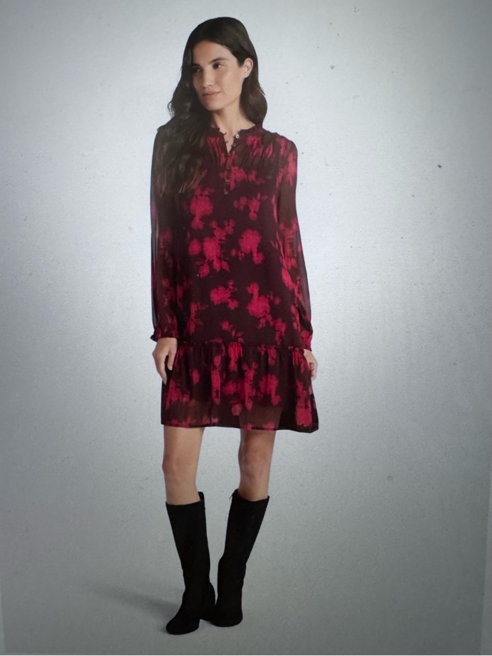 Time and Tru, Boho, Red and Black, button front, Floral Long-Sleeve Mini Dress